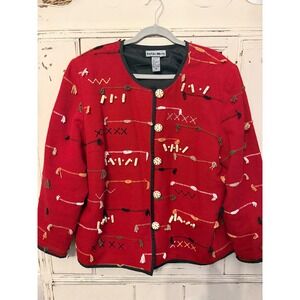 Indigo Moon Red Embroidered Button Front Jacket Women's Statement Art‎ to Wear M